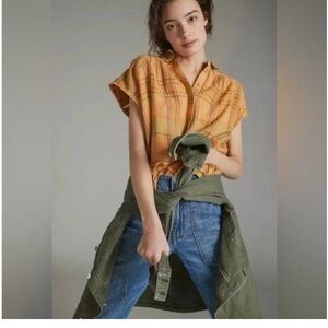 Anthropologie Pilcro Serena Surf orange plaid henley blouse XS